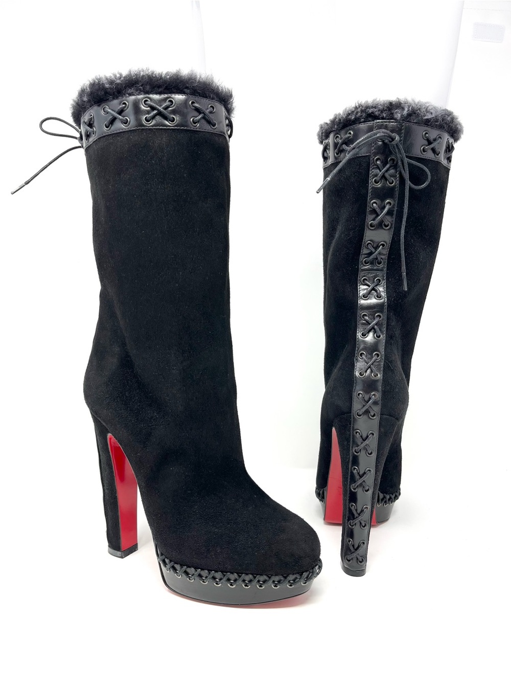Christian Louboutin Black Suede Step N Roll Tall Platform Boots High Heels 37.5